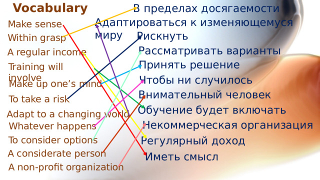 Vocabulary В пределах досягаемости Адаптироваться к изменяющемуся миру Make sense Рискнуть Within grasp Рассматривать варианты A regular income Принять решение Training will involve Чтобы ни случилось Make up one’s mind Внимательный человек To take a risk Обучение будет включать Adapt to a changing world Некоммерческая организация Whatever happens Регулярный доход To consider options A considerate person Иметь смысл A non-profit organization 