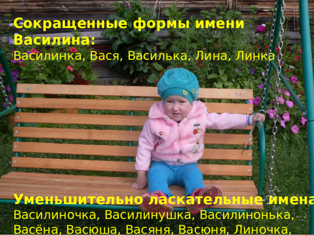 Сокращенные формы имени Василина: Василинка, Вася, Василька, Лина, Линка         Уменьшительно ласкательные имена Василиночка, Василинушка, Василинонька, Васёна, Васюша, Васяня, Васюня, Линочка, Линушка. 