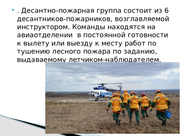 . Десантно-пожарная группа состоит из 6 десантников-пожарников, возглавляемой инструктором. Команды находятся на авиаотделении в постоянной готовности к вылету или выезду к месту работ по тушению лесного пожара по заданию, выдаваемому летчиком-наблюдателем. 