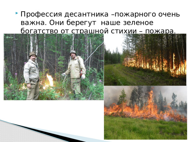 Профессия десантника –пожарного очень важна. Они берегут наше зеленое богатство от страшной стихии – пожара. 