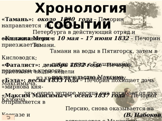 Хронология событий «Тамань»:  около 1830 года – Печорин направляется из Санкт-  Петербурга в действующий отряд и останавливается в  Тамани. «Княжна Мери»:  10 мая – 17 июня 1832 – Печорин приезжает из  Тамани на воды в Пятигорск, затем в Кисловодск;  после дуэли с Грушницким переведен в крепость  под начальство Максима Максимыча. «Фаталист»: декабрь 1832 года – Печорин приезжает на две недели  из крепости в казачью станицу. «Бэла»: весна 1833 года – Печорин похищает дочь «мирнова кня-  зя»; через четыре месяца она погибает от рук Казбича. «Максим Максимыч»: осень 1837 года – Печорин отправляется в  Персию, снова оказывается на Кавказе и  встречается с Максимом Максимычем. (В. Набоков)  