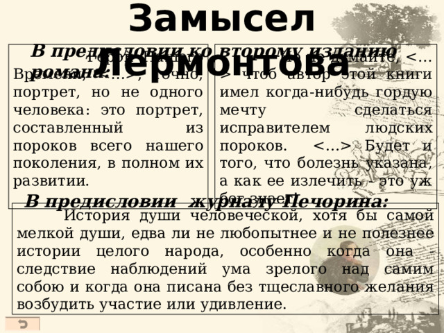 Замысел Лермонтова В предисловии ко второму изданию романа:  Герой Нашего Времени, , точно, портрет, но не одного человека: это портрет, составленный из пороков всего нашего поколения, в полном их развитии.  Но не думайте,  чтоб автор этой книги имел когда-нибудь гордую мечту сделаться исправителем людских пороков.  Будет и того, что болезнь указана, а как ее излечить - это уж бог знает! В предисловии журналу Печорина:  История души человеческой, хотя бы самой мелкой души, едва ли не любопытнее и не полезнее истории целого народа, особенно когда она - следствие наблюдений ума зрелого над самим собою и когда она писана без тщеславного желания возбудить участие или удивление.  