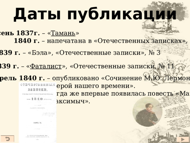Даты публикации  Осень 1837г. – « Тамань »   1840 г. – напечатана в «Отечественных записках», № 2  1839 г. – «Бэла», «Отечественные записки», № 3 1839 г. – « Фаталист », «Отечественные записки, № 11 Апрель 1840 г. – опубликовано «Сочинение М.Ю. Лермонтова  «Герой нашего времени».  Тогда же впервые появилась повесть «Максим  Максимыч».  