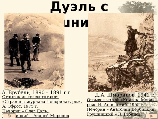 Ночь перед дуэлью М.А. Врубель, 1890 г. Отрывок из телеспектакля «Страницы журнала Печорина», реж. А. Эфрос, 1975 г. Печорин – Олег Даль Д.А. Шмаринов, 1941 г. Отрывок из к/ф «Княжна Мери», реж. И. Анненский, 1955 г. Печорин – Анатолий Вербицкий 27 