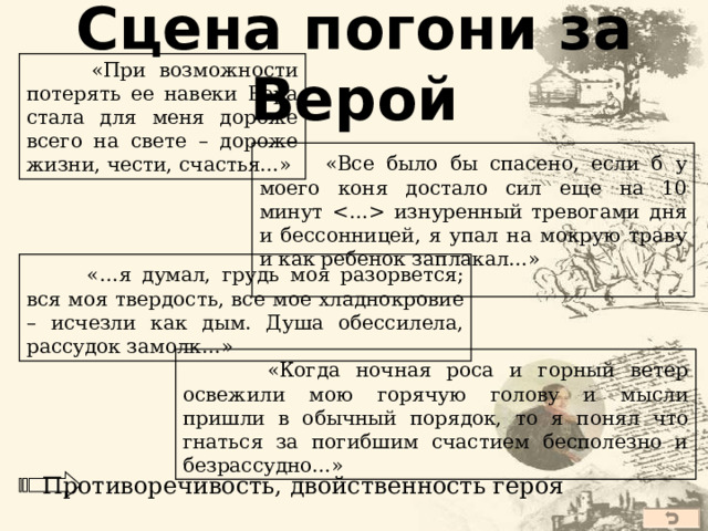 Вера и Печорин  Вера : «…в твоей природе есть что-то особенное, тебе одному свойственное, что-то гордое и таинственное; в твоем голосе … есть власть непобедимая; никто не умеет так постоянно хотеть быть любимым; ни в ком зло не бывает так привлекательно; ничей взор не обещает столько блаженства; никто не умеет лучше пользоваться своими преимуществами, и никто не может быть так истинно несчастлив, как ты, потому что никто столько не старается уверить себя в противном…»  Печорин :  «За что она меня так любит, право, не знаю! Тем более, что это одна женщина, которая меня поняла совершенно, со всеми моими мелкими слабостями, дурными страстями… Неужели зло так привлекательно?»  «Она единственная женщина в мире, которую я не в силах был бы обмануть…»  «При возможности потерять ее навеки Вера стала для меня дороже всего на свете – дороже жизни, чести, счастья…» 38 