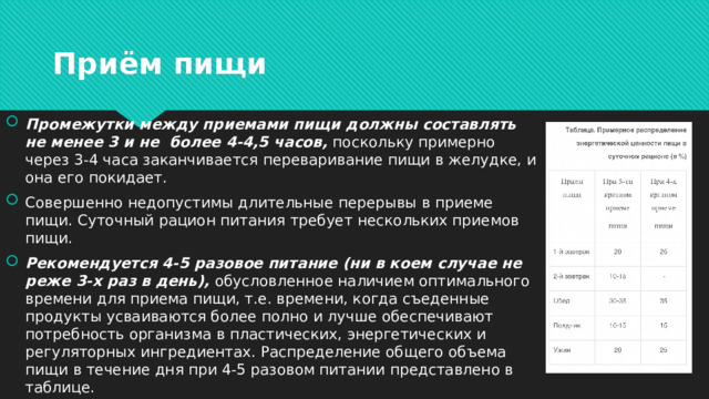 Приём пищи Промежутки между приемами пищи должны составлять не менее 3 и не  более 4-4,5 часов,  поскольку примерно через 3-4 часа заканчивается переваривание пищи в желудке, и она его покидает. Совершенно недопустимы длительные перерывы в приеме пищи. Суточный рацион питания требует нескольких приемов пищи. Рекомендуется 4-5 разовое   питание (ни в коем случае не реже 3-х раз в день),  обусловленное наличием оптимального времени для приема пищи, т.е. времени, когда съеденные продукты усваиваются более полно и лучше обеспечивают потребность организма в пластических, энергетических и регуляторных ингредиентах. Распределение общего объема пищи в течение дня при 4-5 разовом питании представлено в таблице. 