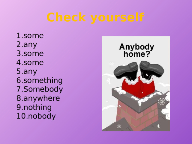 Check yourself some any some some any something Somebody anywhere nothing nobody 
