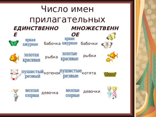 Число имен прилагательных ЕДИНСТВЕННОЕ МНОЖЕСТВЕННОЕ бабочки бабочка рыбки рыбка котенок котята девочки девочка 