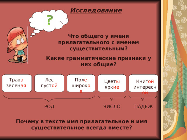 Исследование Что общего у имени прилагательного с именем существительным? Какие грамматические признаки  у них общие? Трав а зелен ая Пол е широк ое Лес густ ой Книг ой интересн ой Цвет ы ярк ие РОД ЧИСЛО ПАДЕЖ Почему в тексте имя прилагательное и имя существительное всегда вместе? 