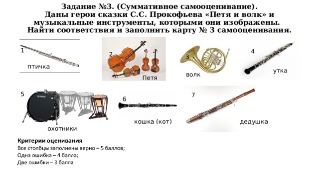 Задание №3. (Суммативное самооценивание).  Даны герои сказки С.С. Прокофьева «Петя и волк» и музыкальные инструменты, которыми они изображены. Найти соответствия и заполнить карту № 3 самооценивания. 1 4 2 3 птичка утка волк Петя 5 7 6 кошка (кот) дедушка охотники 