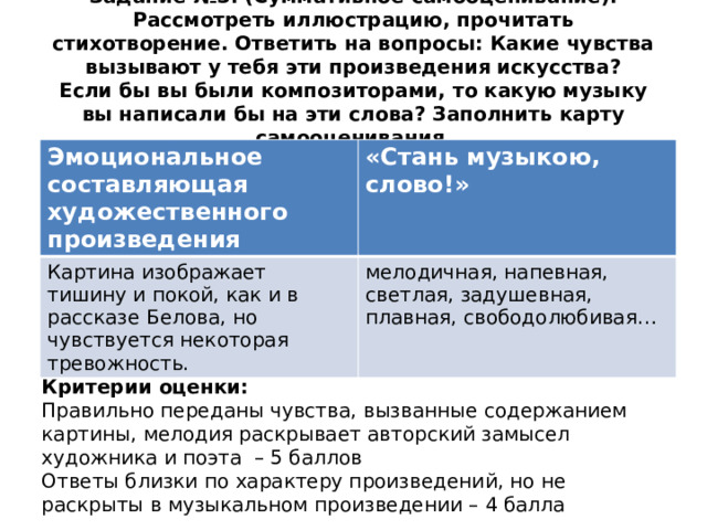 Задание №3. (Суммативное самооценивание).  Рассмотреть иллюстрацию, прочитать стихотворение. Ответить на вопросы: Какие чувства вызывают у тебя эти произведения искусства?  Если бы вы были композиторами, то какую музыку вы написали бы на эти слова? Заполнить карту самооценивания. Эмоциональное составляющая художественного произведения «Стань музыкою, слово!» Картина изображает тишину и покой, как и в рассказе Белова, но чувствуется некоторая тревожность. мелодичная, напевная, светлая, задушевная, плавная, свободолюбивая… Критерии оценки: Правильно переданы чувства, вызванные содержанием картины, мелодия раскрывает авторский замысел художника и поэта – 5 баллов Ответы близки по характеру произведений, но не раскрыты в музыкальном произведении – 4 балла 