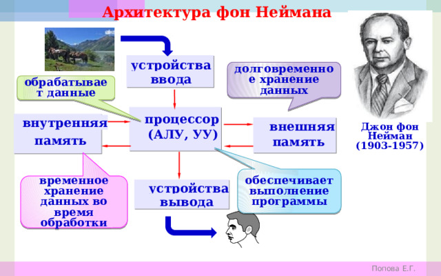 Архитектура фон Неймана  устройства долговременное хранение данных ввода обрабатывает данные процессор внутренняя внешняя Джон фон Нейман (1903-1957)  (АЛУ, УУ) память  память обеспечивает выполнение программы временное хранение данных во время обработки устройства  вывода                           Попова Е.Г. 