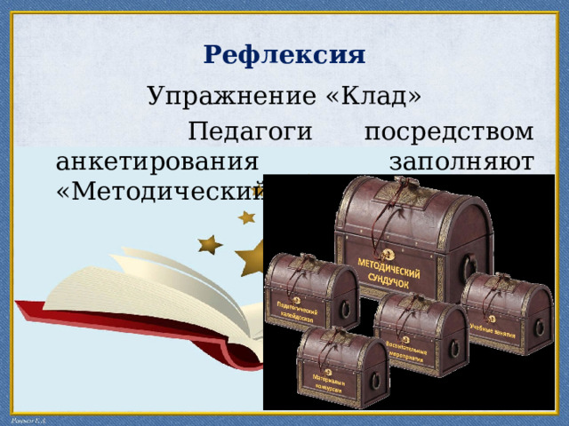 Рефлексия Упражнение «Клад»  Педагоги посредством анкетирования заполняют «Методический сундучок».  