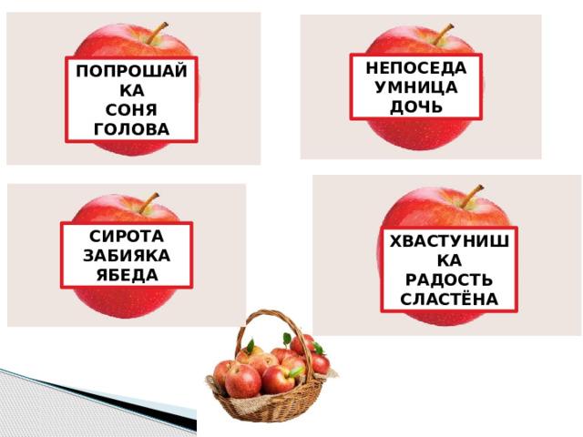 НЕПОСЕДА УМНИЦА ДОЧЬ ПОПРОШАЙКА СОНЯ ГОЛОВА СИРОТА ЗАБИЯКА ЯБЕДА ХВАСТУНИШКА РАДОСТЬ СЛАСТЁНА 