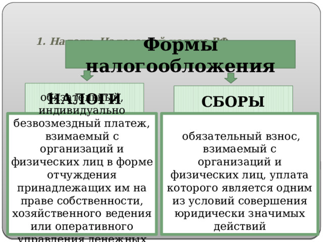    1. Налоги. Налоговый кодекс РФ Формы налогообложения НАЛОГИ СБОРЫ обязательный, индивидуально безвозмездный платеж, взимаемый с организаций и физических лиц в форме отчуждения принадлежащих им на праве собственности, хозяйственного ведения или оперативного управления денежных средств  обязательный взнос, взимаемый с организаций и физических лиц, уплата которого является одним из условий совершения юридически значимых действий  
