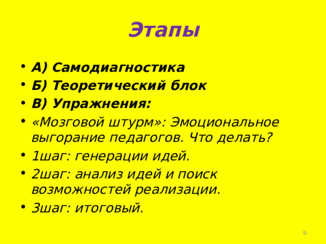 Этапы А) Самодиагностика Б) Теоретический блок В) Упражнения: «Мозговой штурм»: Эмоциональное выгорание педагогов. Что делать? 1шаг: генерации идей. 2шаг: анализ идей и поиск возможностей реализации. 3шаг: итоговый.  
