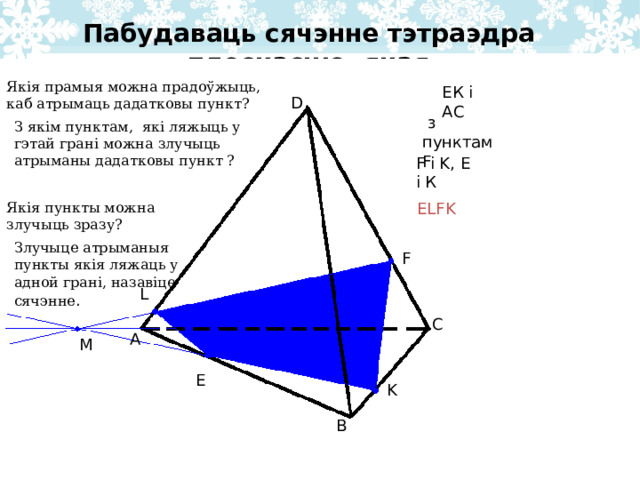 З якім пунктам, які ляжыць у гэтай грані можна злучыць атрыманы дадатковы пункт ? Е LFK Пабудаваць сячэнне тэтраэдра плоскасцю, якая праходзіць праз пункты E , F , K . Якія прамыя можна прадоўжыць, каб атрымаць дадатковы пункт? D  з пунктам F F і K , Е і К Якія пункты можна злучыць зразу? Злучыце атрыманыя пункты якія ляжаць у адной грані, назавіце сячэнне . F L C A M E K B 