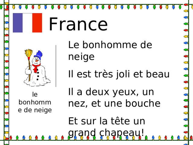 France Le bonhomme de neige Il est tr ès joli et beau Il a deux yeux, un nez, et une bouche Et sur la tête un grand chapeau! le bonhomme de neige 