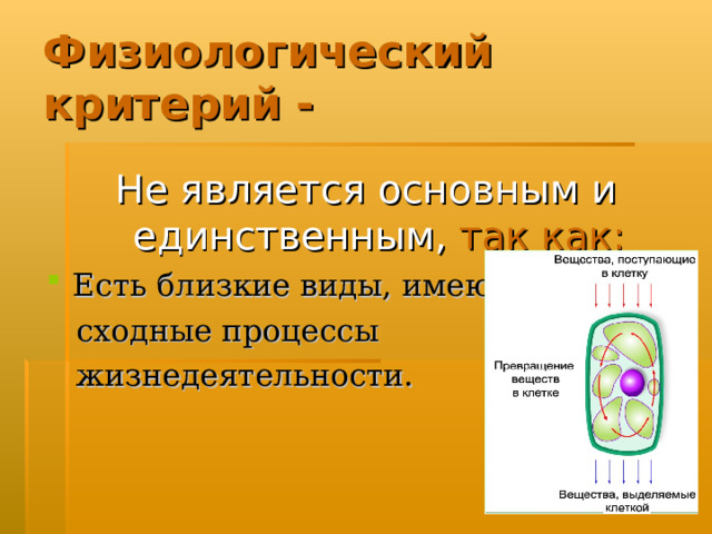 Физиологический критерий - Не является основным и единственным,  так как: Есть близкие виды, имеющие  сходные процессы  жизнедеятельности. 