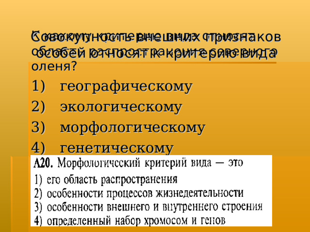 Совокупность внешних признаков особей относят к критерию вида К какому критерию вида относят область распространения северного оленя? 1)  географическому  2)  экологическому  3)  морфологическому  4)  генетическому  
