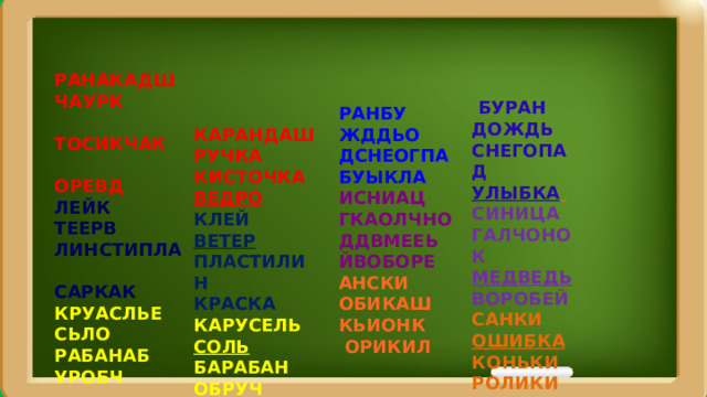 РАНАКАДШ ЧАУРК   ТОСИКЧАК  ОРЕВД ЛЕЙК ТЕЕРВ ЛИНСТИПЛА САРКАК КРУАСЛЬЕ СЬЛО  РАБАНАБ УРОБЧ    БУРАН ДОЖДЬ СНЕГОПАД УЛЫБКА  СИНИЦА ГАЛЧОНОК МЕДВЕДЬ ВОРОБЕЙ САНКИ ОШИБКА КОНЬКИ РОЛИКИ РАНБУ ЖДДЬО ДСНЕОГПА БУЫКЛА ИСНИАЦ ГКАОЛЧНО ДДВМЕЕЬ ЙВОБОРЕ АНСКИ ОБИКАШ КЬИОНК  ОРИКИЛ  КАРАНДАШ РУЧКА КИСТОЧКА ВЕДРО КЛЕЙ ВЕТЕР ПЛАСТИЛИН КРАСКА КАРУСЕЛЬ СОЛЬ БАРАБАН ОБРУЧ 