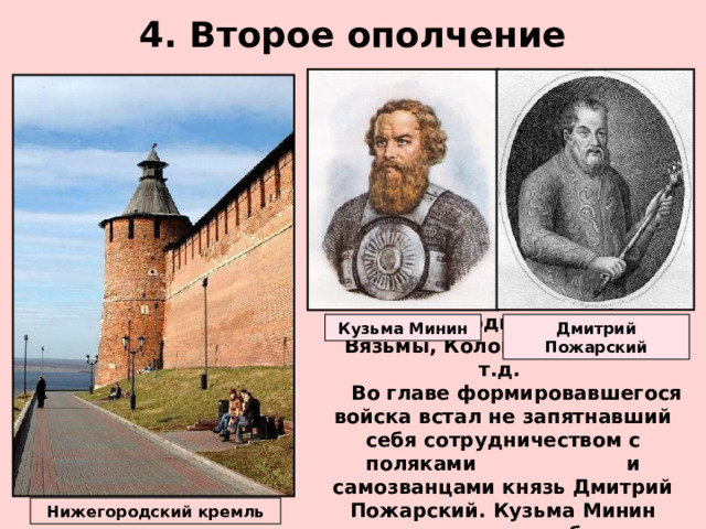 4. Второе ополчение   Осенью 1611 г. по призыву земского старосты Кузьмы Минина в Нижнем Новгороде началось формирование Второго ополчения. Для создания нового ополчения начался сбор средств (добровольно и принудительно). В Нижний Новгород стали приходить отряды из Вязьмы, Коломны, Рязани и т.д.  Во главе формировавшегося войска встал не запятнавший себя сотрудничеством с поляками и самозванцами князь Дмитрий Пожарский. Кузьма Минин стал руководить снабжением армии и организацией управления на освобождаемых территориях .  Кузьма Минин Дмитрий Пожарский Нижегородский кремль 