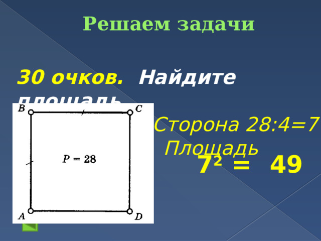 Решаем задачи   30 очков. Найдите площадь.  Сторона 28:4=7  Площадь 7 2 =  49 