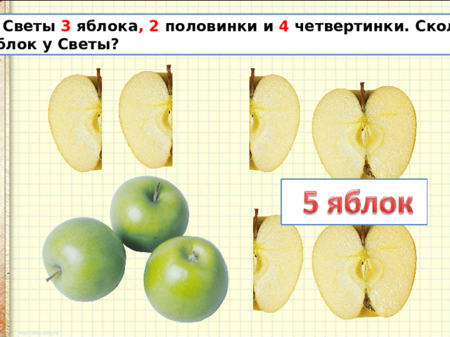 У Светы 3 яблока , 2 половинки и 4 четвертинки. Сколько яблок у Светы? 