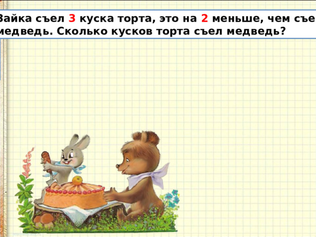  Зайка съел 3 куска торта, это на 2 меньше, чем съел  медведь. Сколько кусков торта съел медведь? 