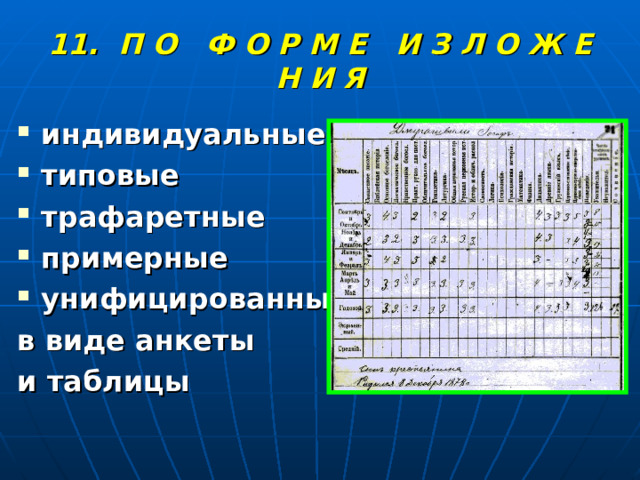 11. П О Ф О Р М Е И З Л О Ж Е Н И Я индивидуальные типовые трафаретные примерные унифицированные в виде анкеты и таблицы 