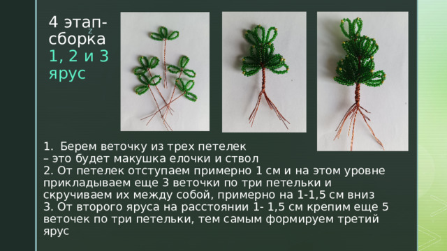 4 этап-  сборка  1, 2 и 3  ярус Берем веточку из трех петелек – это будет макушка елочки и ствол 2. От петелек отступаем примерно 1 см и на этом уровне прикладываем еще 3 веточки по три петельки и скручиваем их между собой, примерно на 1-1,5 см вниз 3. От второго яруса на расстоянии 1- 1,5 см крепим еще 5 веточек по три петельки, тем самым формируем третий ярус 