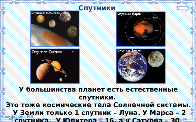 Спутники У большинства планет есть естественные спутники. Это тоже космические тела Солнечной системы.  У Земли только 1 спутник – Луна. У Марса – 2 спутника. У Юпитера – 16, а у Сатурна – 30. 
