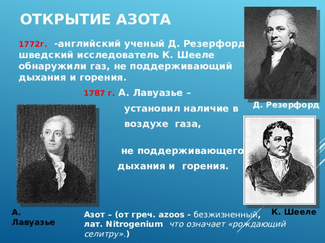 Открытие азота 1772г.  -английский ученый Д. Резерфорд, шведский исследователь К. Шееле обнаружили газ, не поддерживающий дыхания и горения.  1787 г.  А. Лавуазье –  установил наличие в  воздухе газа,  не поддерживающего  дыхания и горения.   Д. Резерфорд К. Шееле А. Лавуазье Азот – (от греч. azoos - безжизненный , лат. Nitrogenium что означает «рождающий селитру». ) 