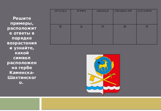 (97+53):2 2*3*4*5 Е Ь (243-63):6 (743-663)+2*8 О (572-550)*4 Н Л Решите примеры, расположите ответы в порядке возрастания и узнайте, какой символ расположен на гербе Каменска-Шахтинского.  