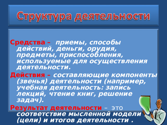  Средства – приемы, способы действий, деньги, орудия, предметы, приспособления, используемые для осуществления деятельности. Действия – составляющие компоненты (звенья) деятельности (например, учебная деятельность: запись лекций, чтение книг, решение задач).  Результат деятельности – это соответствие мысленной модели (цели) и итогов деятельности . 