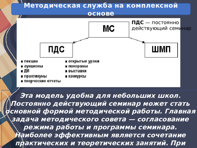 Методическая служба на комплексной основе ПДС — постоянно действующий семинар Эта модель удобна для небольших школ. Постоянно действующий семинар может стать основной формой методической работы. Главная задача методического совета — согласование режима работы и программы семинара. Наиболее эффективным является сочетание практических и теоретических занятий. При наличии молодых специалистов возможна организация 