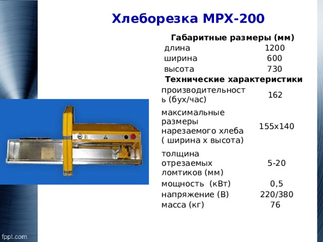 Хлеборезка МРХ-200 Габаритные размеры (мм)   длина 1200   ширина 600   высота 730   Технические характеристики производительность (бух/час) максимальные размеры 162 нарезаемого хлеба ( ширина х высота) толщина отрезаемых  ломтиков (мм)   155х140 мощность  (кВт)   5-20 напряжение (В)   0,5 масса (кг)   220/380 76 