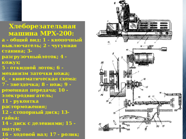 Хлеборезательная машина МРХ-200: а - общий вид: 1 - кнопочный выключатель; 2 - чугунная станина; 3-разгрузочныйлоток; 4 - кожух; 5 - откидной лоток; 6 - механизм заточки ножа; б_ - кинематическая схема: 7 - звездочка; 8 - нож; 9 -ременная передача; 10 - электро­двигатель; 11 - рукоятка расторможения; 12 - стопорный диск; 13- гайка; 14 - диск с делениями; 15 - шатун; 16 - ходовой вал; 17 - ролик; 18 - предохранительная решетка; 19 - ручка; 20 - каретка;21 - захват; 22 - приемный лоток; 23 - муфта свободного хода; 24 - приводной вал; 25 - противовес; 26 - втулка; 27 -рычаг; 28 -рукоятка 