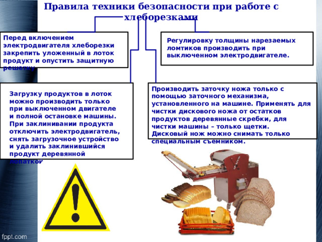 Правила техники безопасности при работе с хлеборезками Перед включением электродвигателя хлеборезки закрепить уложенный в лоток продукт и опустить защитную решетку Регулировку толщины нарезаемых ломтиков производить при выключенном электродвигателе. Производить заточку ножа только с помощью заточного механизма, установленного на машине. Применять для чистки дискового ножа от остатков продуктов деревянные скребки, для чистки машины – только щетки. Дисковый нож можно снимать только специальным съемником. Загрузку продуктов в лоток можно производить только при выключенном двигателе и полной остановке машины. При заклинивании продукта отключить электродвигатель, снять загрузочное устройство и удалить заклинившийся продукт деревянной лопаткой. 