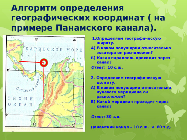 Алгоритм определения географических координат ( на примере Панамского канала).  1.Определяем географическую широту. А) В каком полушарии относительно экватора он расположен? Б) Какая параллель проходит через канал? Ответ: 10 с.ш.  2. Определяем географическую долготу. А) В каком полушарии относительно нулевого меридиана он расположен? Б) Какой меридиан проходит через канал?  Ответ: 80 з.д.  Панамский канал – 10 с.ш. и 80 з.д. 