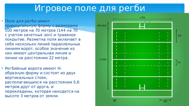Игровое поле для регби Поле для регби имеет прямоугольную форму с размерами 100 метров на 70 метров (144 на 70 с учетом зачетных зон) и травяное покрытие. Разметка поля включает в себя несколько линий параллельных линиям ворот, особое значение из них имеют центральная линия и линии на расстоянии 22 метра.  Регбийные ворота имеют Н-образную форму и состоят из двух вертикальных стоек, располагающихся на расстоянии 5,6 метров друг от друга, и перекладины, которая находится на высоте 3 метров от земли. 