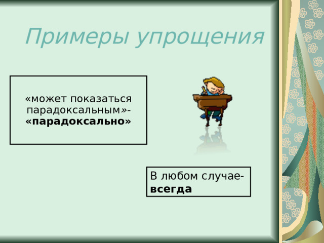 Примеры упрощения «может показаться парадоксальным »- «парадоксально» В любом случае- всегда 