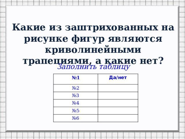 Какие из заштрихованных на рисунке фигур являются криволинейными трапециями, а какие нет? Заполнить таблицу № 1 № 2 Да/нет № 3 № 4 № 5 № 6 Задание для заполнения таблицы на следующем слайде  