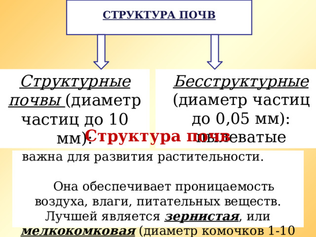  Структура почв   Структурные почвы (диаметр частиц до 10 мм): комковатые, зернистые…  Бесструктурные (диаметр частиц до 0,05 мм): пылеватые Структура почв  важна для развития растительности.  Она обеспечивает проницаемость воздуха, влаги, питательных веществ. Лучшей является зернистая , или мелкокомковая (диаметр комочков 1-10 мм.) 