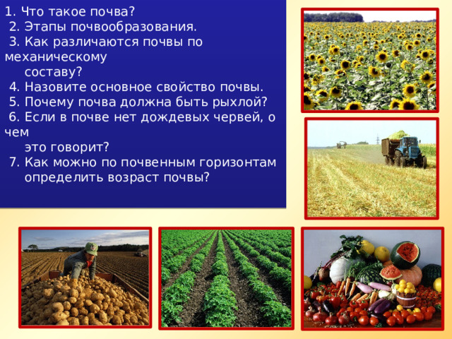 1. Что такое почва?  2. Этапы почвообразования.  3. Как различаются почвы по механическому  составу?  4. Назовите основное свойство почвы.  5. Почему почва должна быть рыхлой?  6. Если в почве нет дождевых червей, о чем  это говорит?  7. Как можно по почвенным горизонтам  определить возраст почвы? 