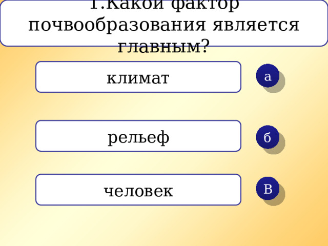 1.Какой фактор почвообразования является главным? климат а рельеф б человек В 