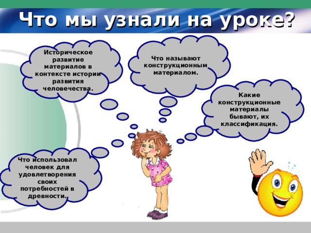 Что мы узнали на уроке? Что называют конструкционным материалом. Историческое развитие материалов в контексте истории развития человечества. Какие конструкционные материалы бывают, их классификация. Что использовал человек для удовлетворения своих потребностей в древности. 