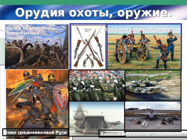 Орудия охоты, оружие. Охота на мамонта первобытных людей Оружие и воины 18 -19 века Воины 18 века Воин средневековой Руси Воины и вооружение современности  