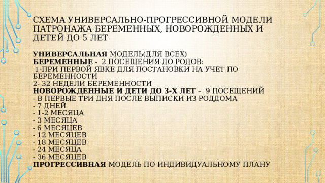Схема универсально-прогрессивной модели патронажа беременных, новорожденных и  детей до 5 лет   универсальная модель(для всех)  беременные - 2 посещения до родов:  1-при первой явке для постановки на учет по беременности  2- 32 недели беременности  новорожденные и дети до 3-х лет  –  9 посещений  - в первые три дня после выписки из роддома  - 7 дней  - 1-2 месяца  - 3 месяца  - 6 месяцев  - 12 месяцев  - 18 месяцев  - 24 месяца  - 36 месяцев  Прогрессивная модель по индивидуальному плану 