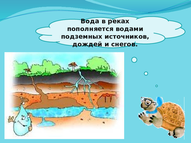  Вода в реках пополняется водами подземных источников, дождей и снегов.   